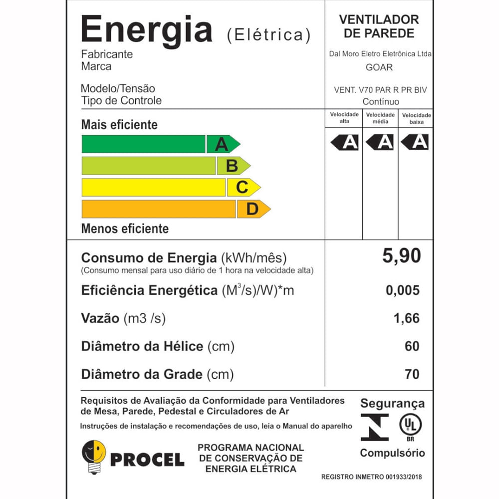 Ventilador de Parede 70cm Preto 270 Watts Bivolt - V70PPRRB - GOAR - Imagem 5