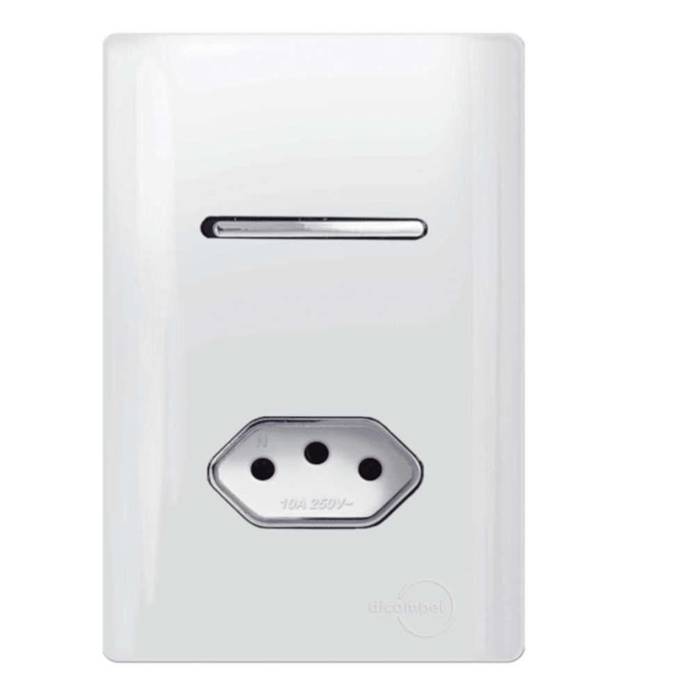 Interruptor Paralelo + Tomada Universal 2P+T 10A Cromado com Placa 4x2 Branco - DC-120020 - NOVARA
