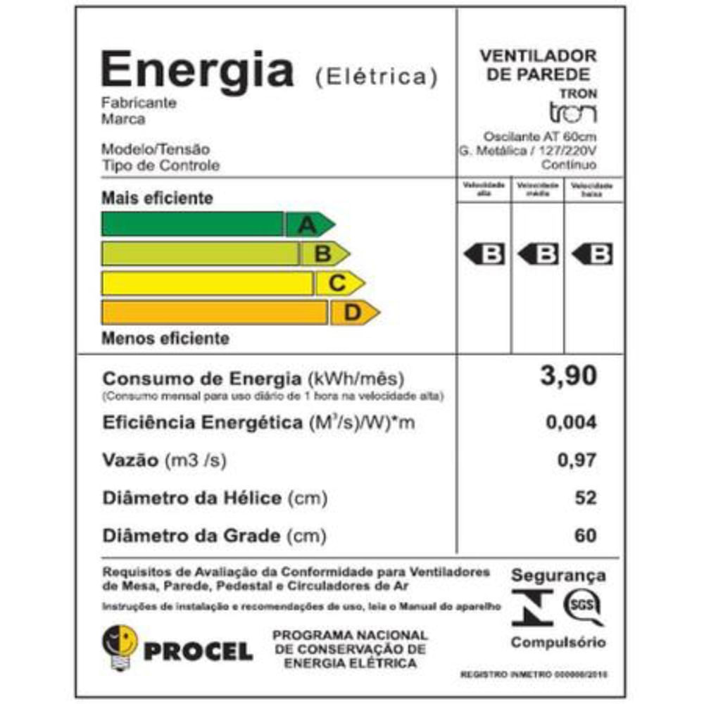 Ventilador Oscilante para Parede Bivolt com 60cm Preto 140 Watts - 51.01-1209 - TRON - Imagem 4