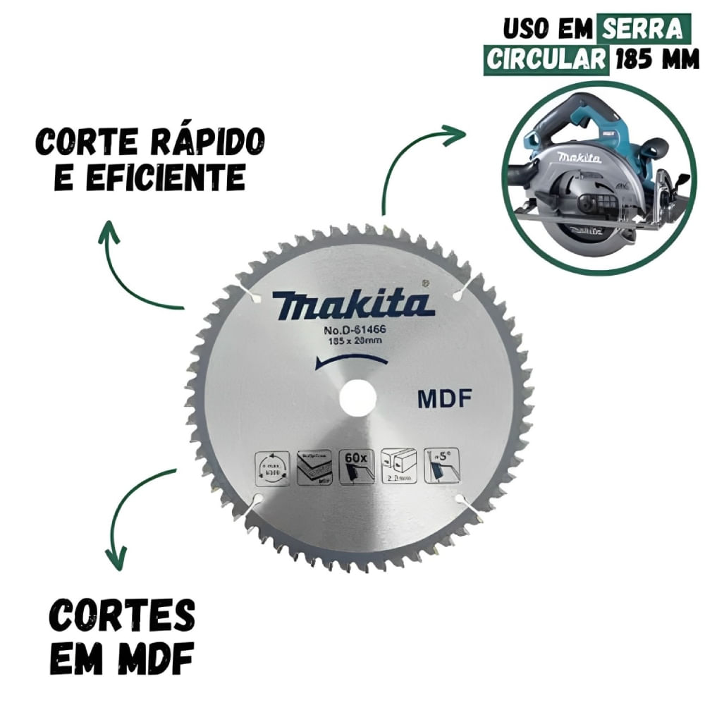 Disco para Serra Circular 185x20mm com 60 Dentes para Madeira - D-61466 - MAKITA - Imagem 2