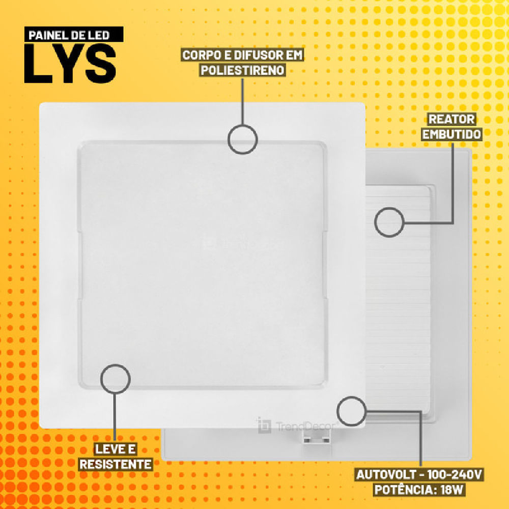 Painel com Placa Led Quadrado de Embutir Lys 18 Watts 3000K Branco - 15140164 - TASCHIBRA - Imagem 3