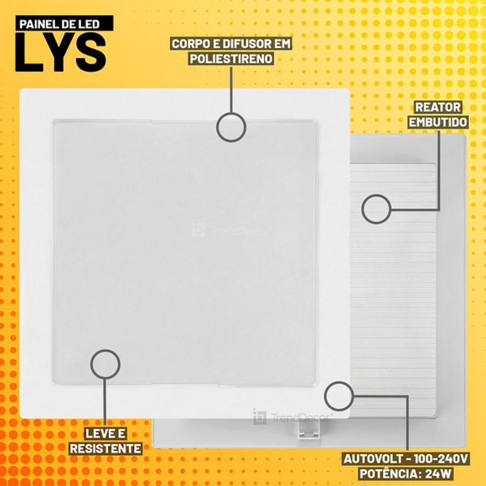 Painel com Placa Led Quadrado de Embutir Lys 24 Watts 6500K Branco - 15140169 - TASCHIBRA - Imagem 3
