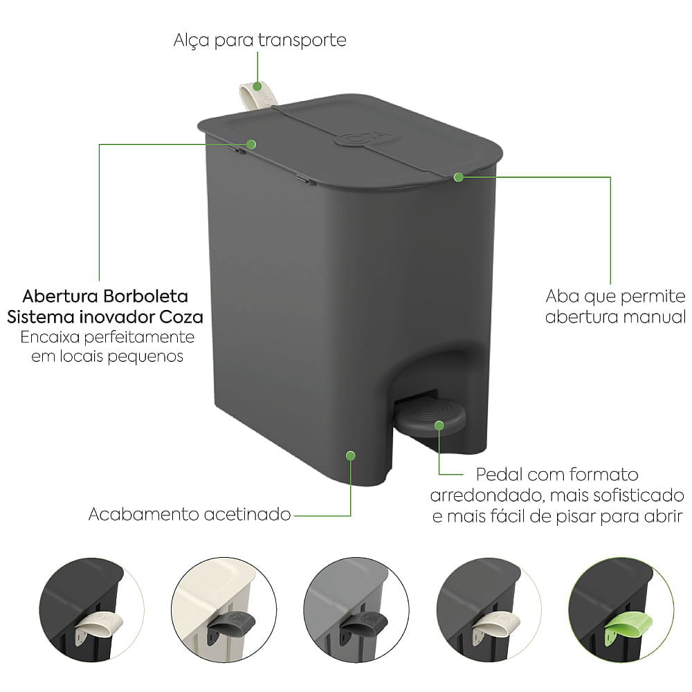 Lixeira Borboleta com Pedal 6 Litros Cinza Chumbo com Alça - 10660/0536 - COZA - Imagem 2