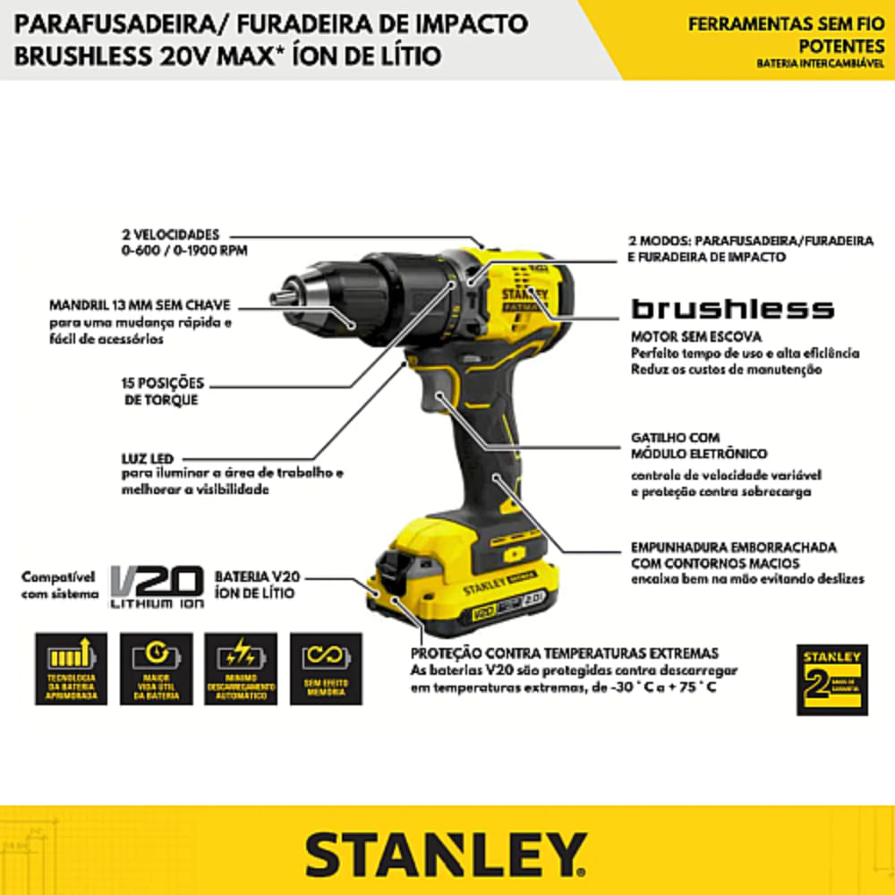 Parafusadeira e Furadeira de Impacto Brushless 1/2" 13mm 20 Volts Max Bivolt com 2 Baterias + Maleta - SBD715D2K-BR - STANLEY - Imagem 4