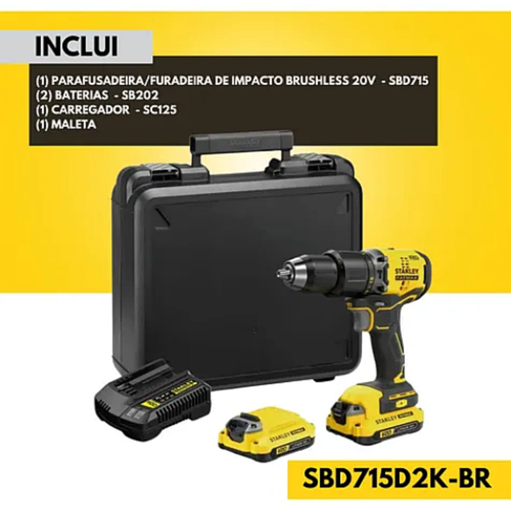 Parafusadeira e Furadeira de Impacto Brushless 1/2" 13mm 20 Volts Max Bivolt com 2 Baterias + Maleta - SBD715D2K-BR - STANLEY - Imagem 7