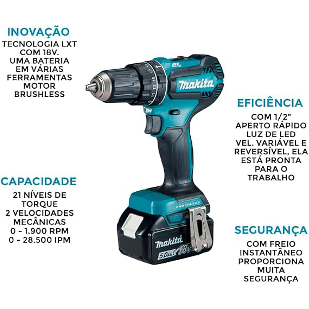 Parafusadeira e Furadeira de Impacto com Bateria 18 Volts Bivolt - DHP485RF1J - MAKITA - Imagem 3