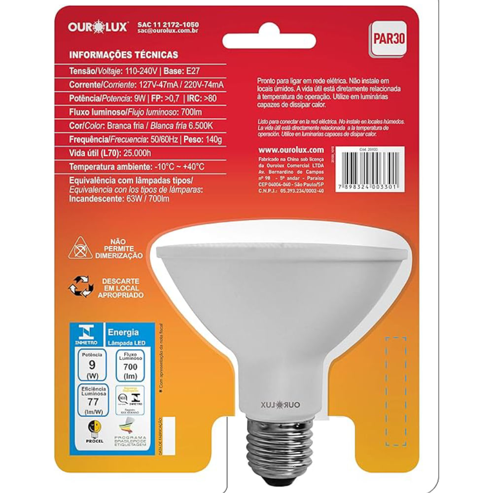 Lâmpada Superled Par 30 9 Watt 6500K Bivolt - 20100 - OUROLUX - Imagem 2