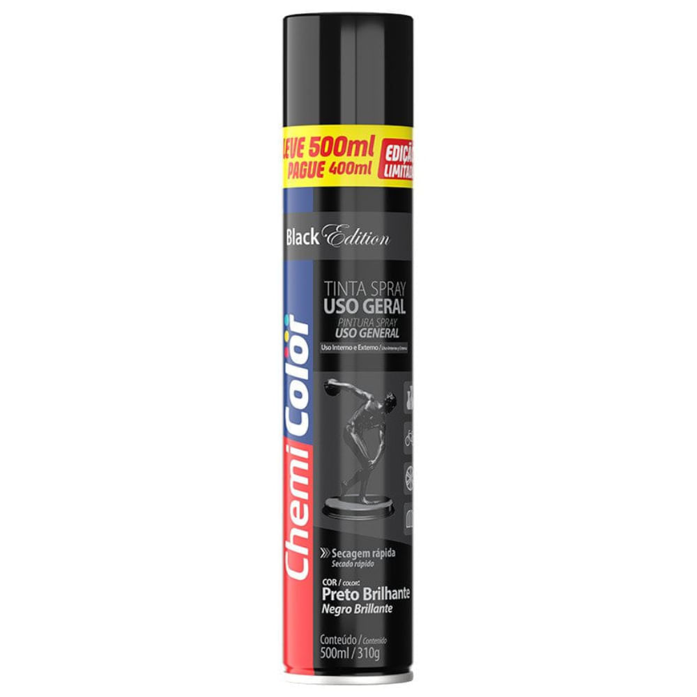 Tinta Spray 500ml Uso Geral Preto Brilhante - 0680635 - CHEMICOLOR