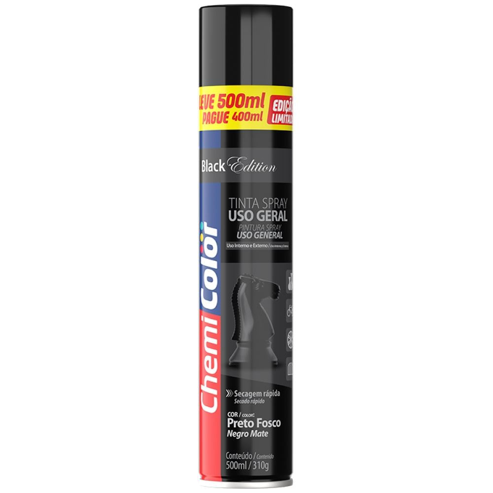 Tinta Spray 500ml Uso Geral Preto Fosco - 0680636 - CHEMICOLOR