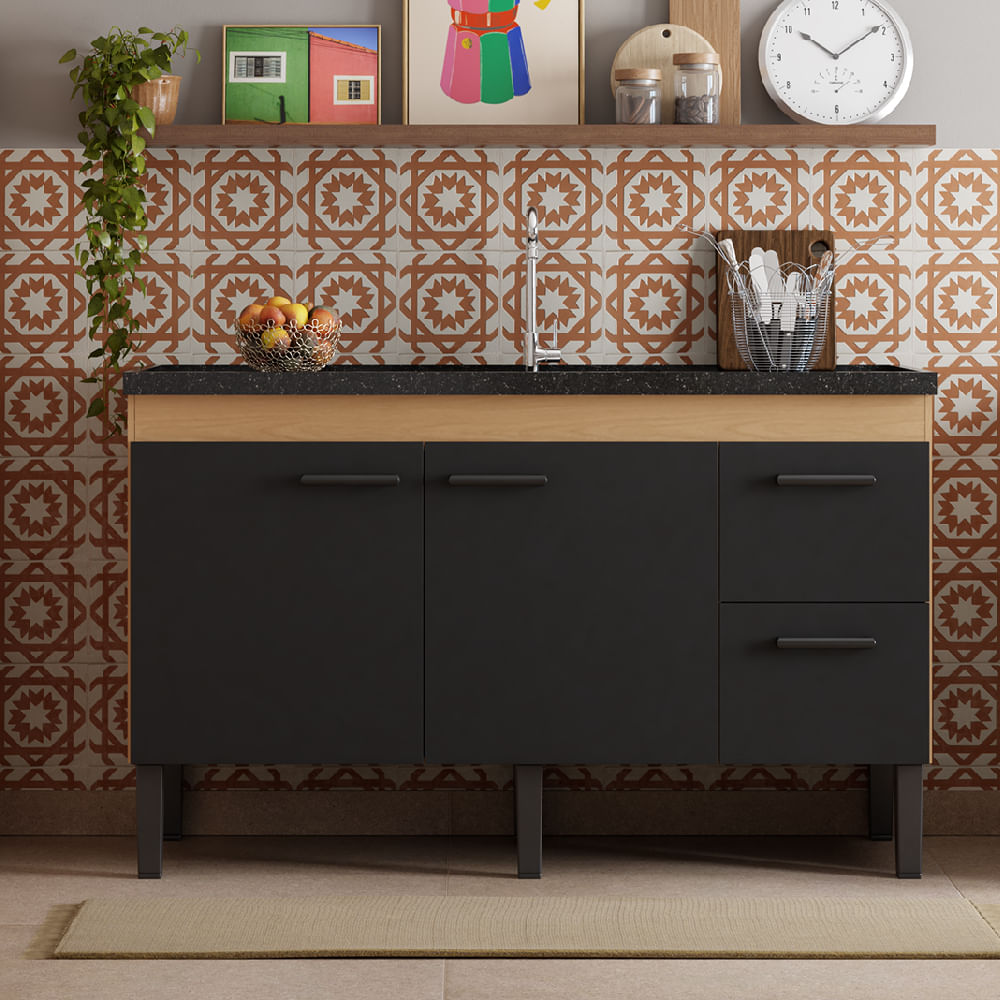 Gabinete Madeira Sabia 1,44 Metros Jequitibá Preto Para Pia 1,50 Metros - P103609 - COZIMAX - Imagem 2